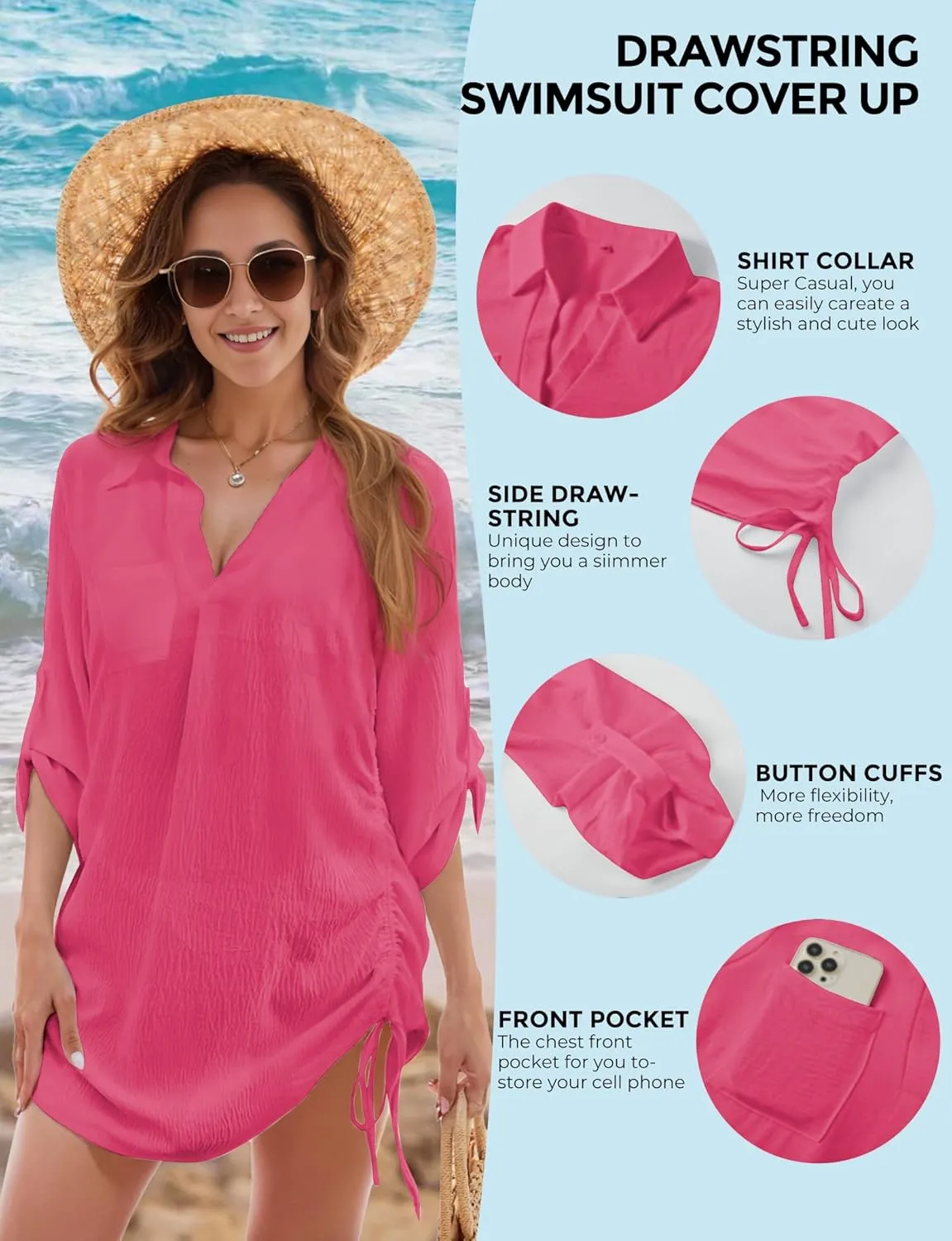 Swimsuit Coverup for Women, Drawstring Beach Bathing Suit Bikini Cover Up for Women, Sexy V Neck Beachwear Dress