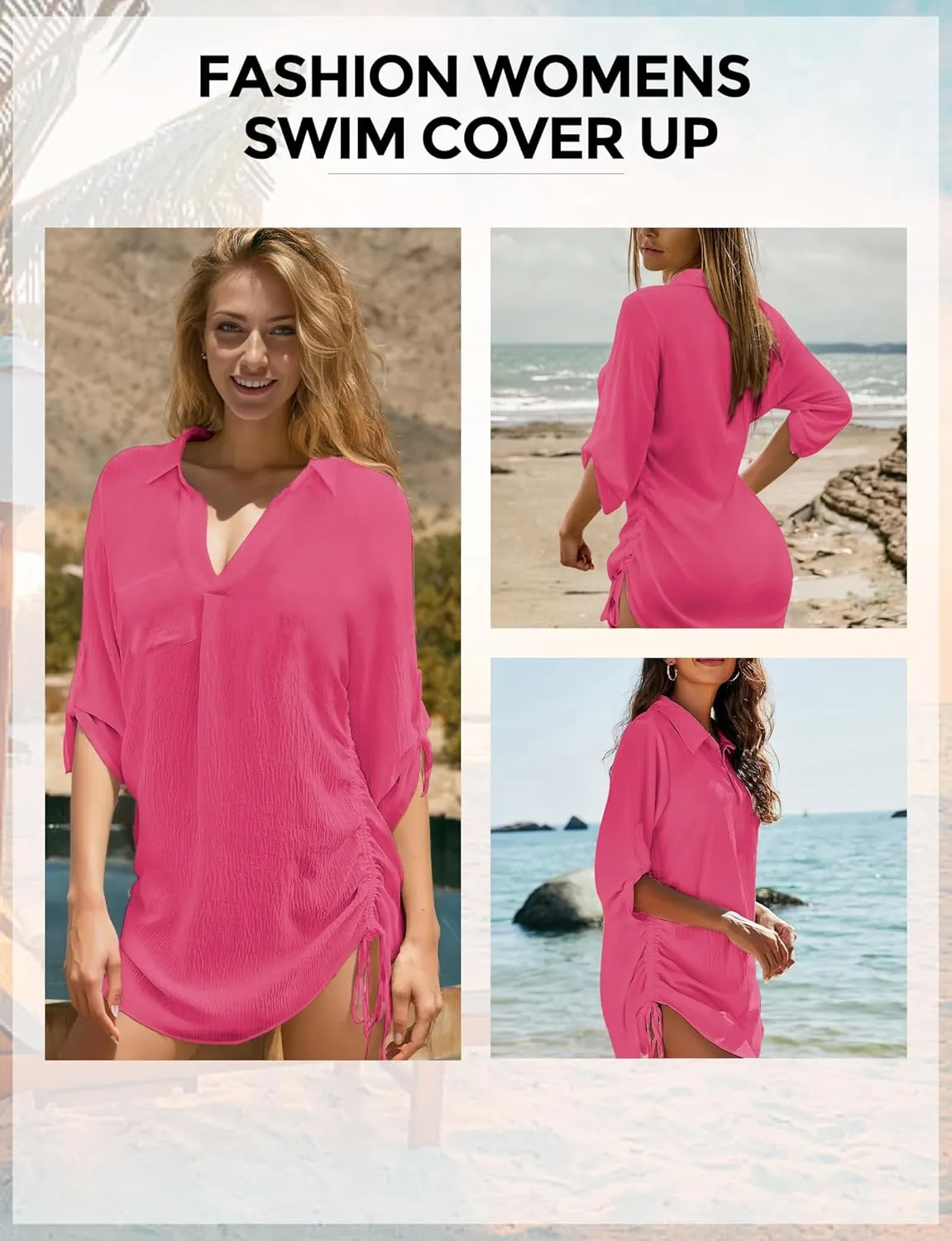 Swimsuit Coverup for Women, Drawstring Beach Bathing Suit Bikini Cover Up for Women, Sexy V Neck Beachwear Dress