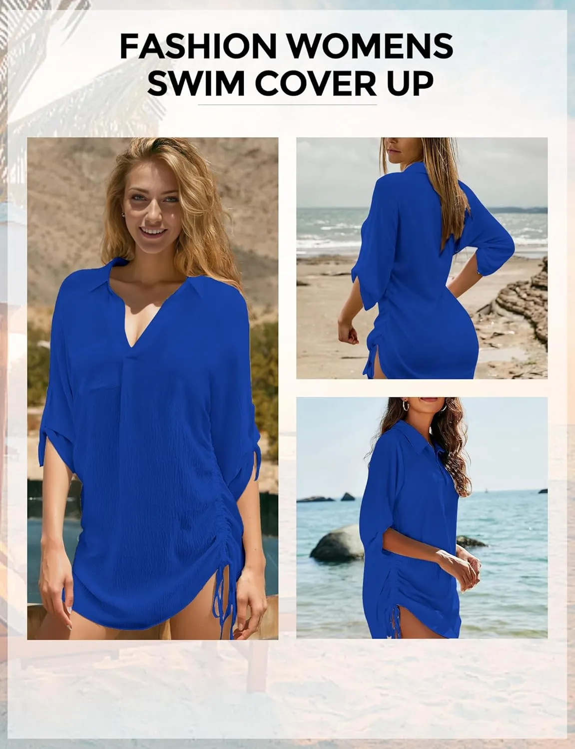 Swimsuit Coverup for Women, Drawstring Beach Bathing Suit Bikini Cover Up for Women, Sexy V Neck Beachwear Dress