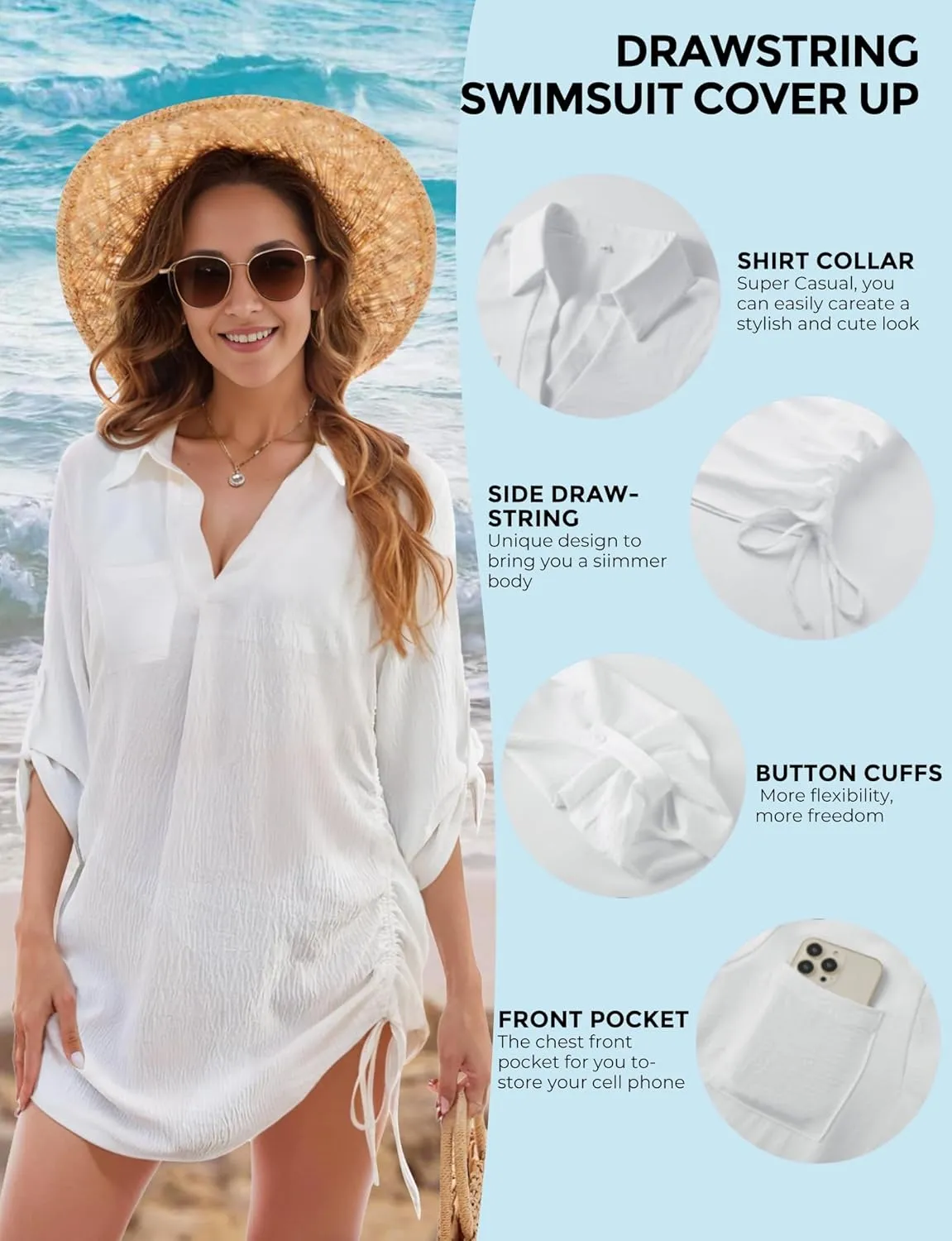 Swimsuit Coverup for Women, Drawstring Beach Bathing Suit Bikini Cover Up for Women, Sexy V Neck Beachwear Dress