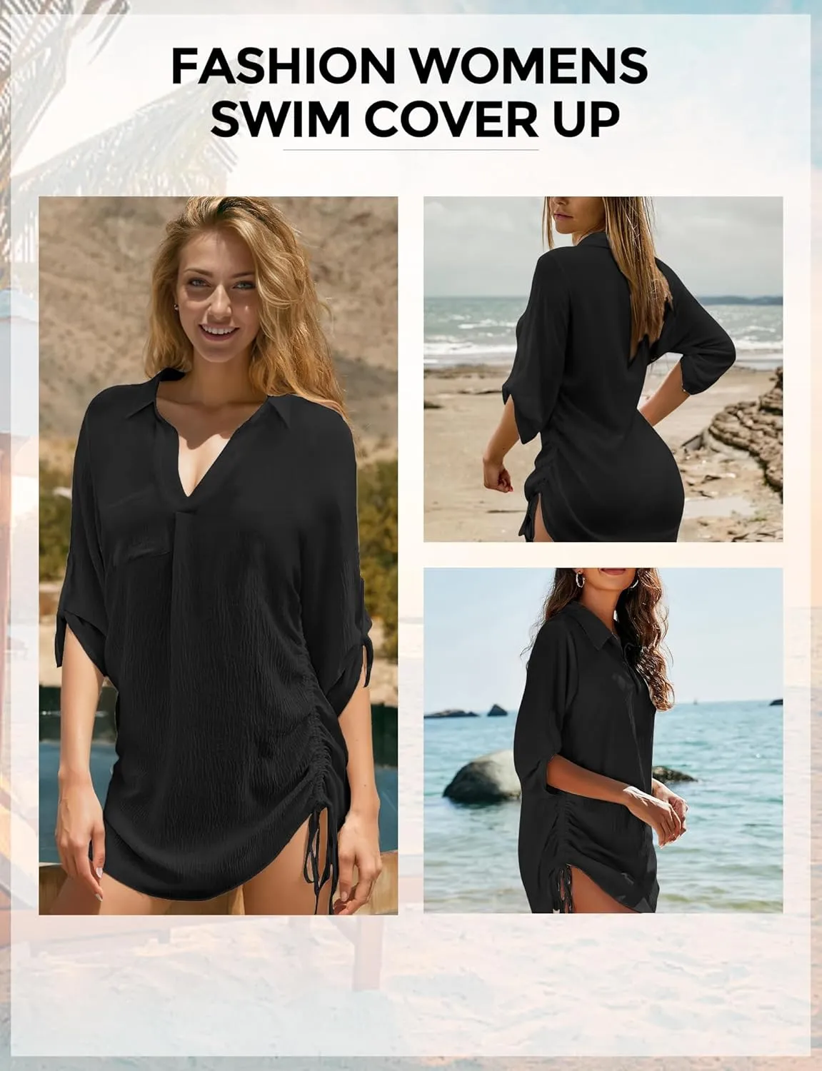 Swimsuit Coverup for Women, Drawstring Beach Bathing Suit Bikini Cover Up for Women, Sexy V Neck Beachwear Dress