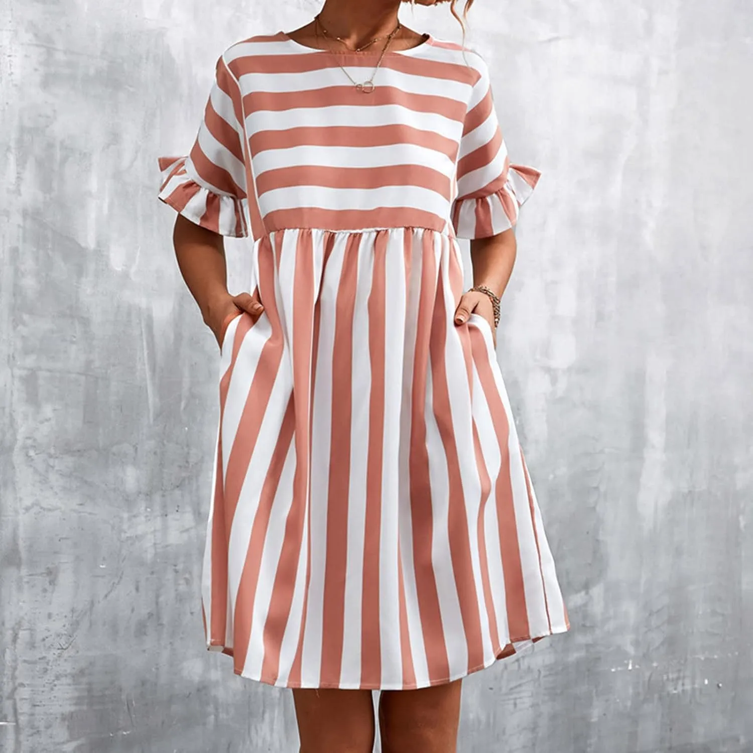 TANGNADE Women Summer Casual Dresses Ruffle Short Sleeve Sundress Flowy Striped Swing Beach Vacation Dress Outfits