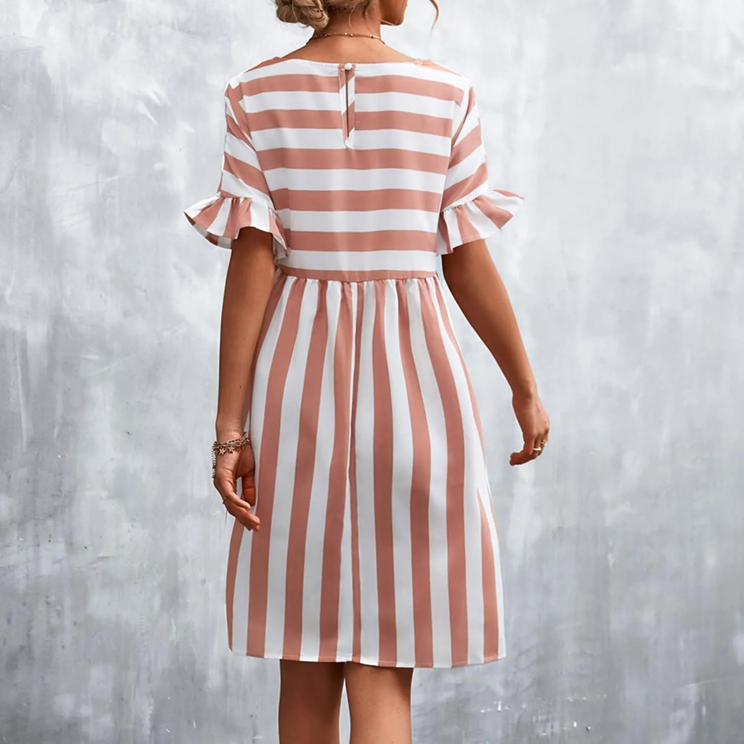 TANGNADE Women Summer Casual Dresses Ruffle Short Sleeve Sundress Flowy Striped Swing Beach Vacation Dress Outfits