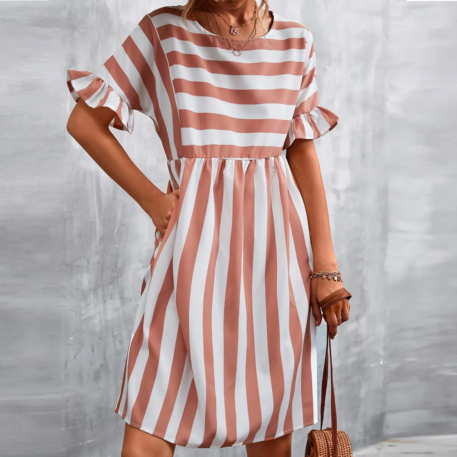 TANGNADE Women Summer Casual Dresses Ruffle Short Sleeve Sundress Flowy Striped Swing Beach Vacation Dress Outfits