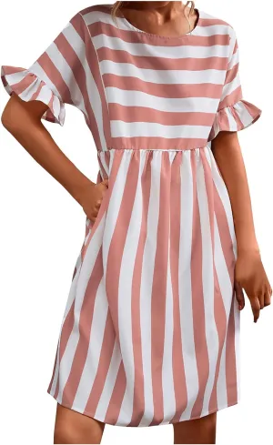 TANGNADE Women Summer Casual Dresses Ruffle Short Sleeve Sundress Flowy Striped Swing Beach Vacation Dress Outfits