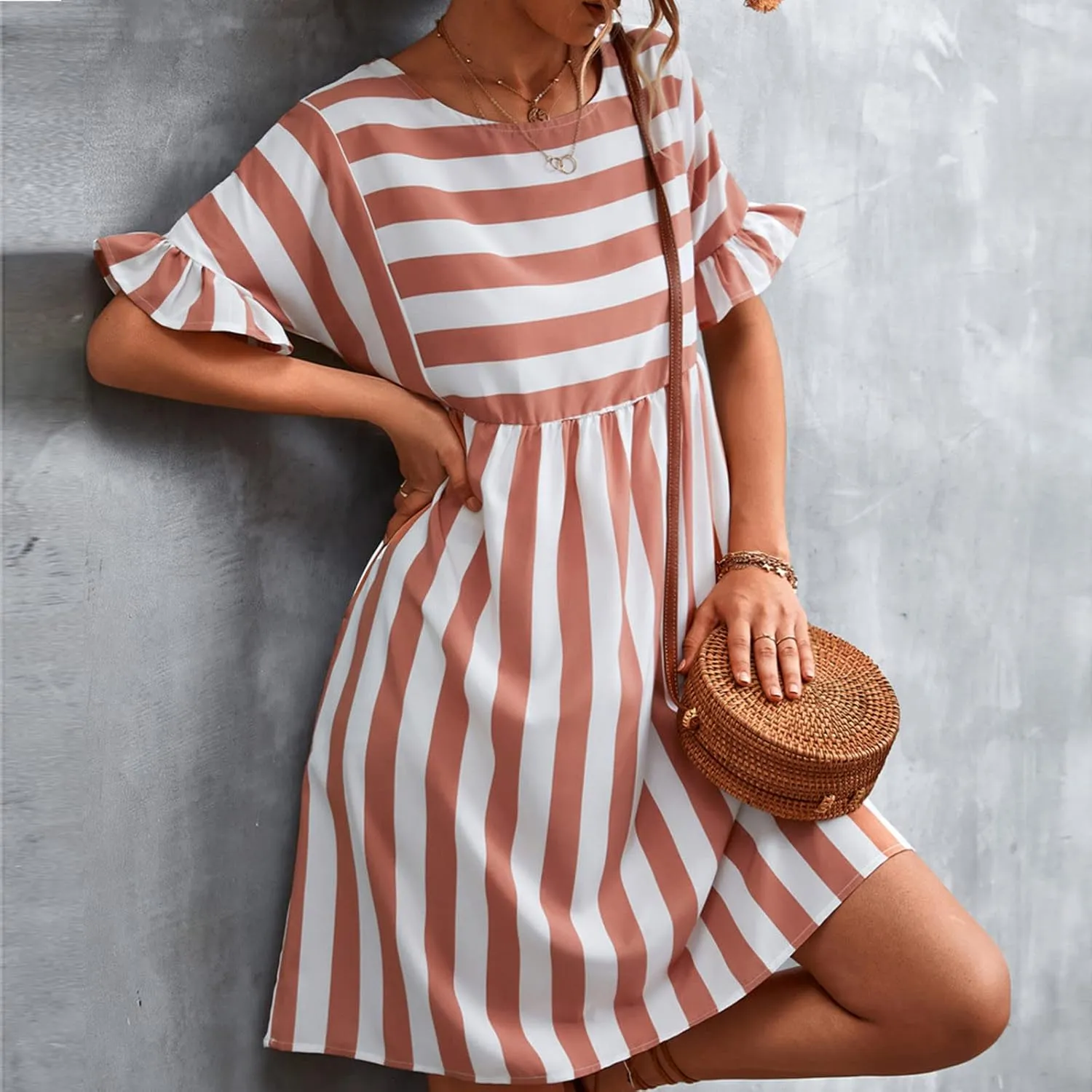TANGNADE Women Summer Casual Dresses Ruffle Short Sleeve Sundress Flowy Striped Swing Beach Vacation Dress Outfits