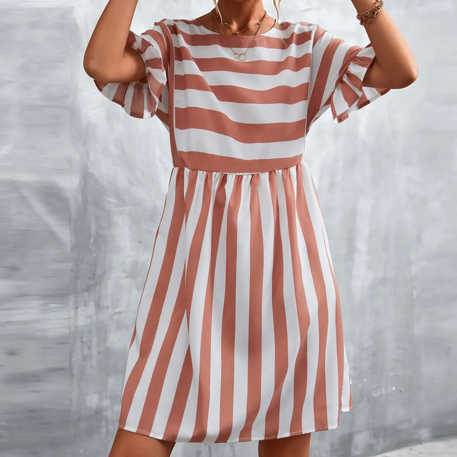 TANGNADE Women Summer Casual Dresses Ruffle Short Sleeve Sundress Flowy Striped Swing Beach Vacation Dress Outfits