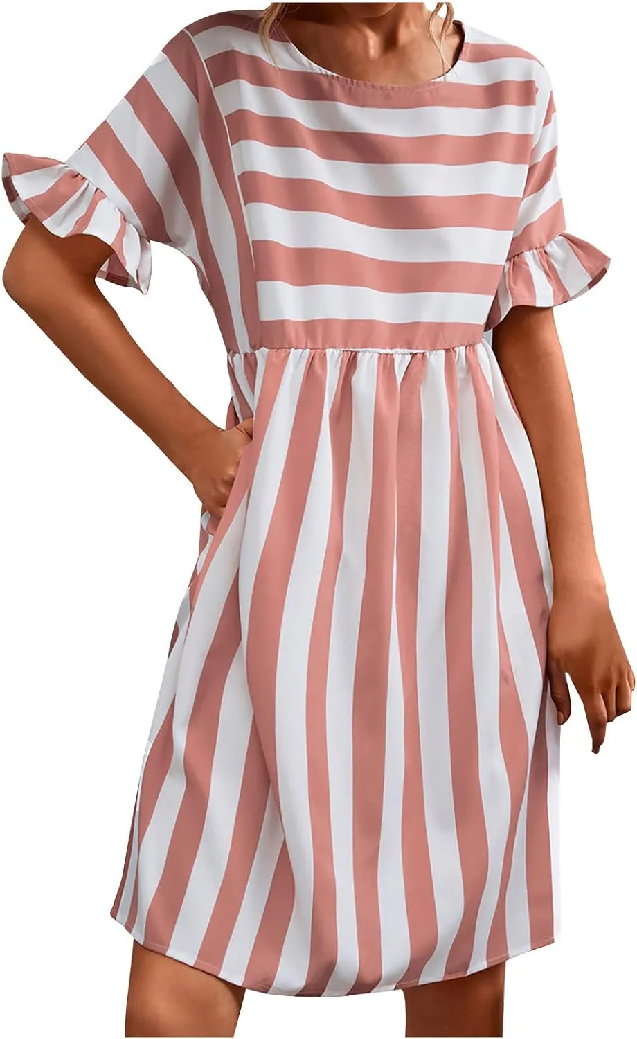 TANGNADE Women Summer Casual Dresses Ruffle Short Sleeve Sundress Flowy Striped Swing Beach Vacation Dress Outfits