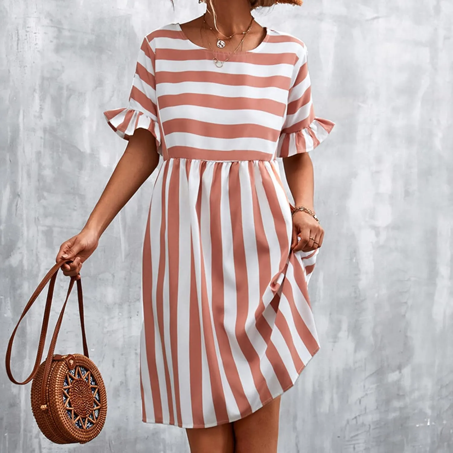 TANGNADE Women Summer Casual Dresses Ruffle Short Sleeve Sundress Flowy Striped Swing Beach Vacation Dress Outfits