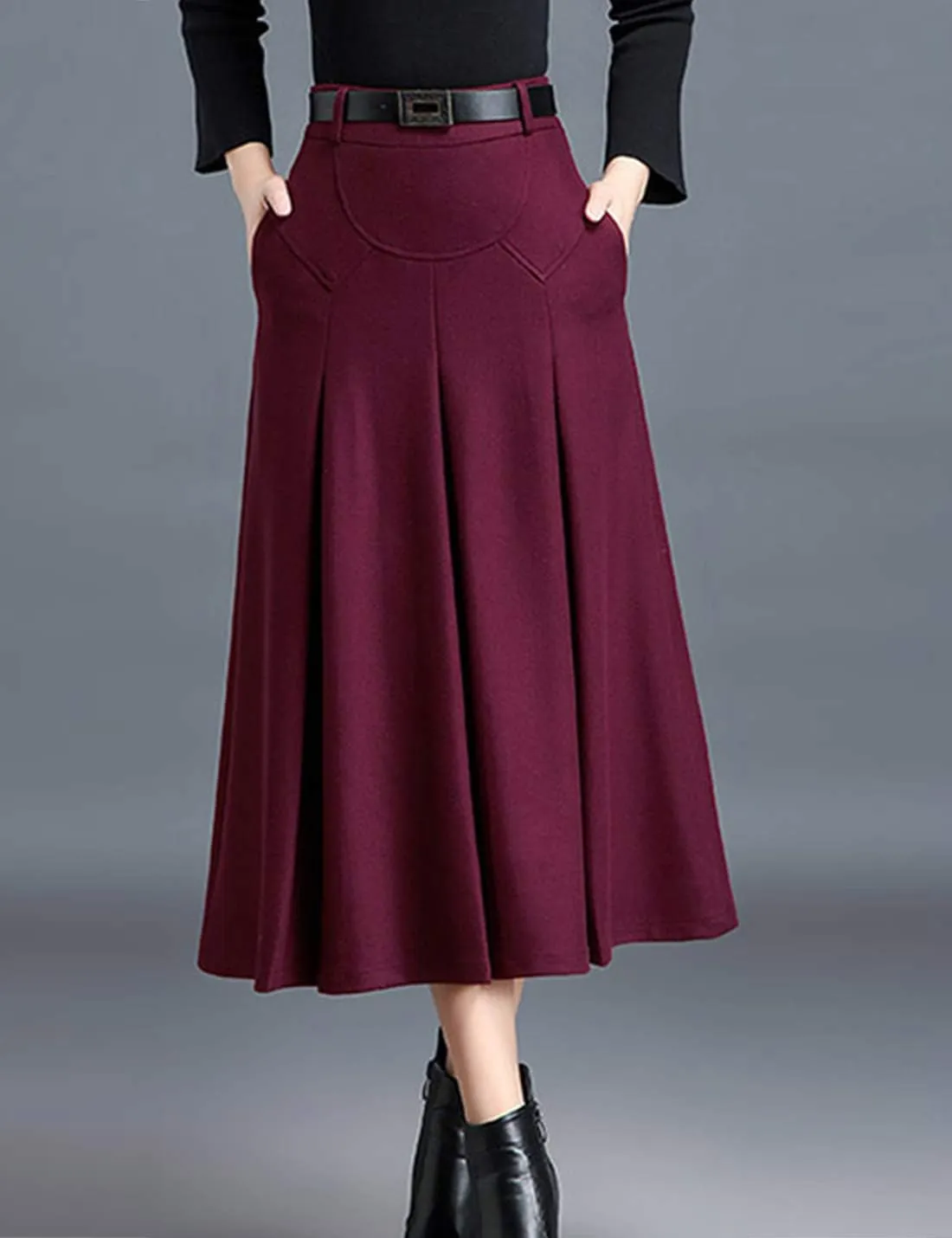Tanming Womens Winter High Waist A-Line Pleated Wool Midi Skirt with Belt Loops