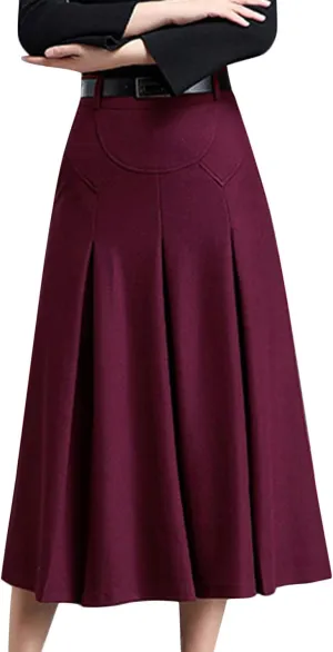 Tanming Womens Winter High Waist A-Line Pleated Wool Midi Skirt with Belt Loops