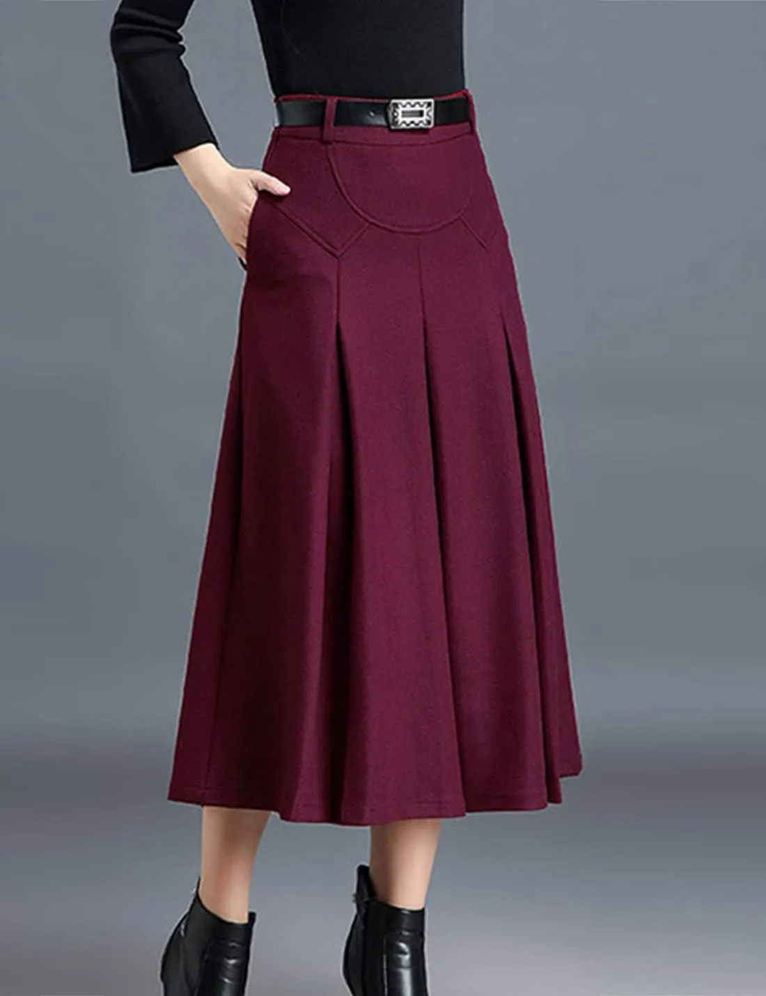 Tanming Womens Winter High Waist A-Line Pleated Wool Midi Skirt with Belt Loops