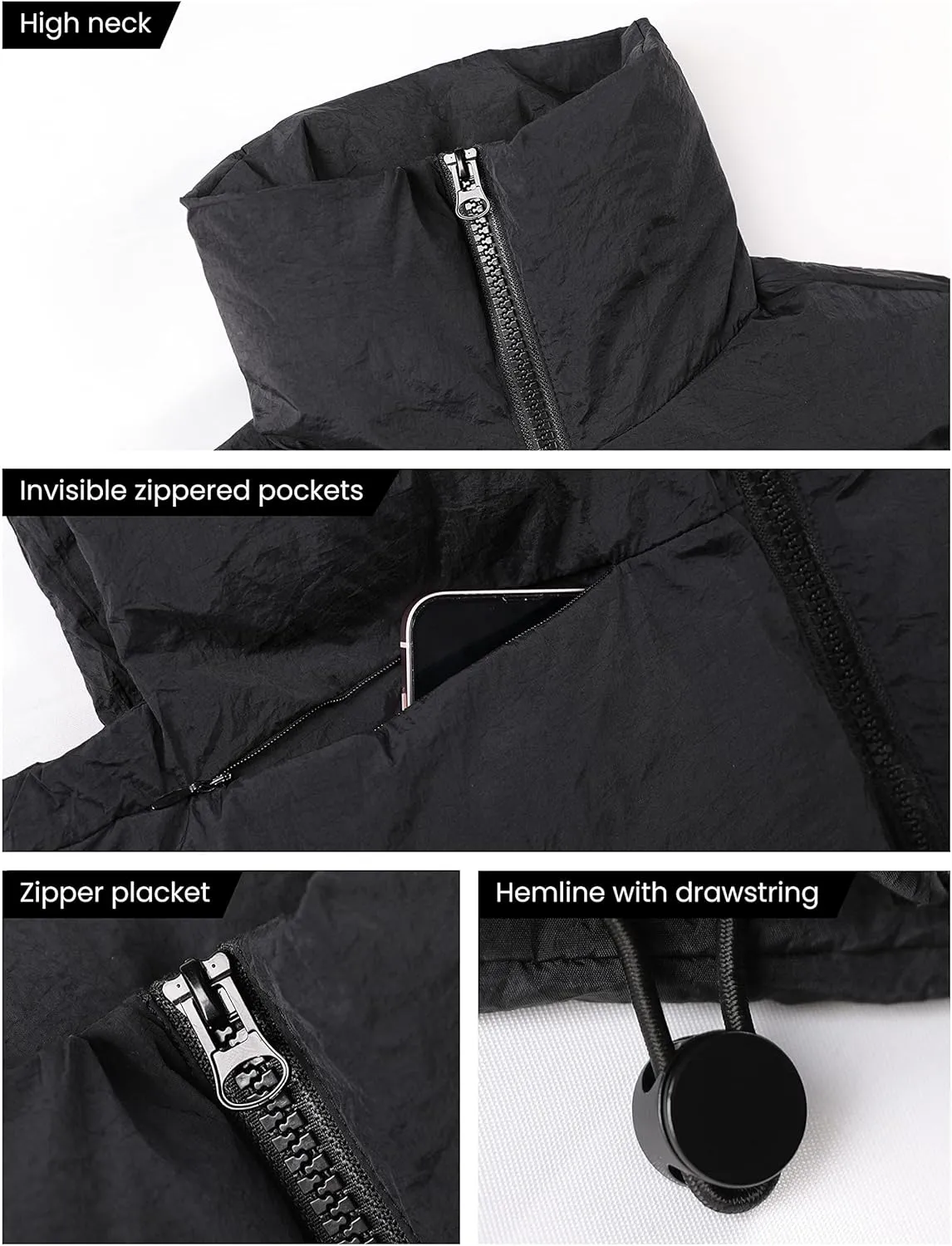 UANEO Cropped Puffer Vest Women Zip Up Stand Collar Sleeveless Padded Crop Puffy Vests