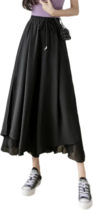 UIOKLMJH Summer Women Pleated Chiffon Wide Leg Pants Fashion Slim High Waist Ankle-Length Pants Skirt Trousers