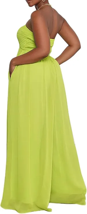 ULLiaN Women's Strapless Chiffon Jumpsuit Solid Color Tube Chest Wide Leg Romper Casual Off Shoulder Siamese Trousers
