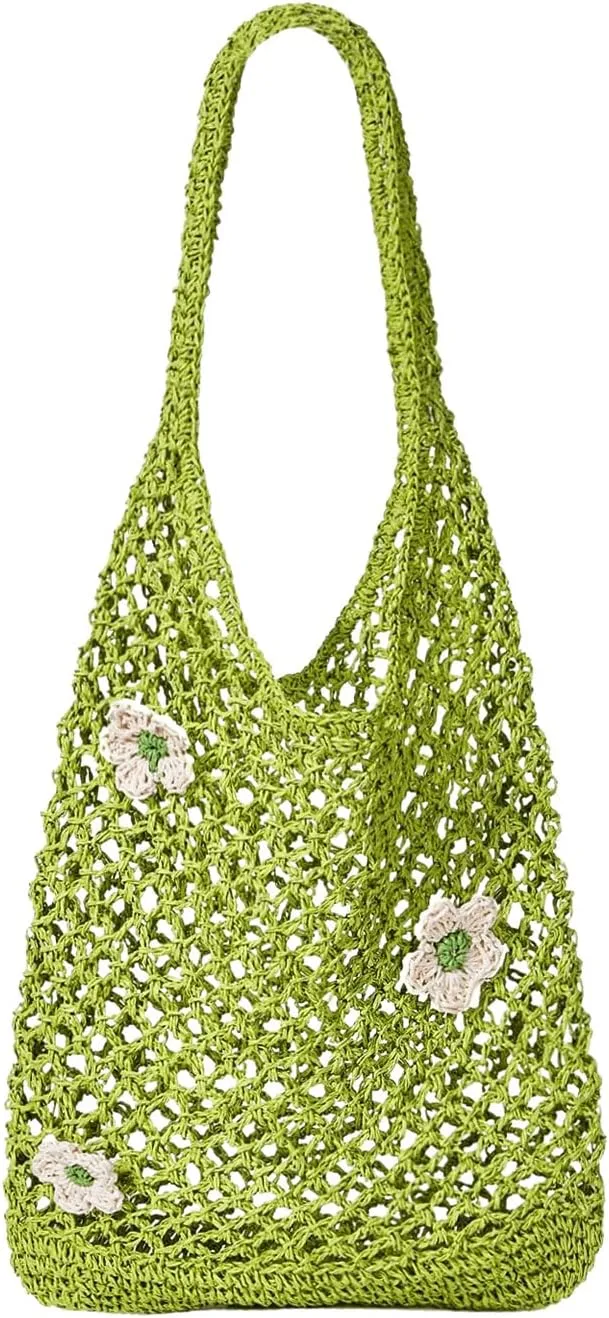Verdusa Women's Floral Applique Straw Shoulder Bags Hobo Tote Handbag Purse