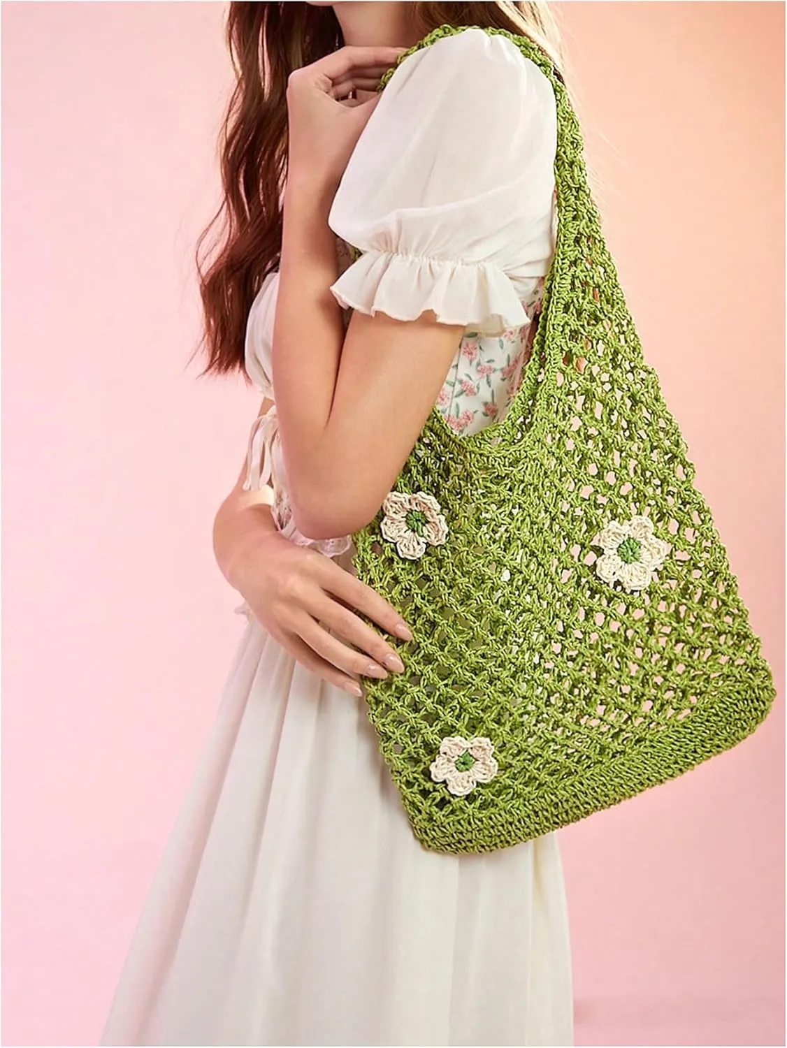 Verdusa Women's Floral Applique Straw Shoulder Bags Hobo Tote Handbag Purse