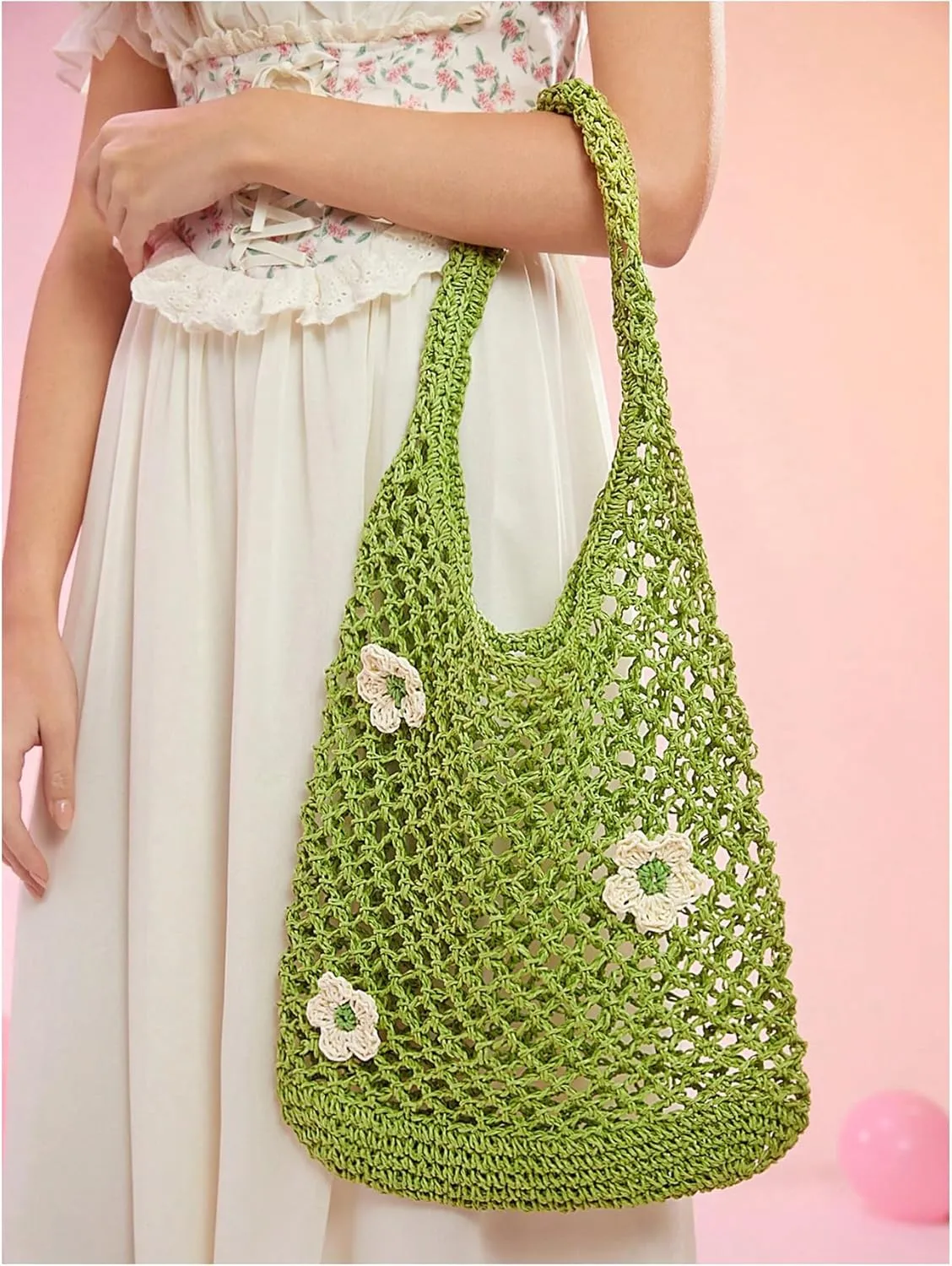 Verdusa Women's Floral Applique Straw Shoulder Bags Hobo Tote Handbag Purse