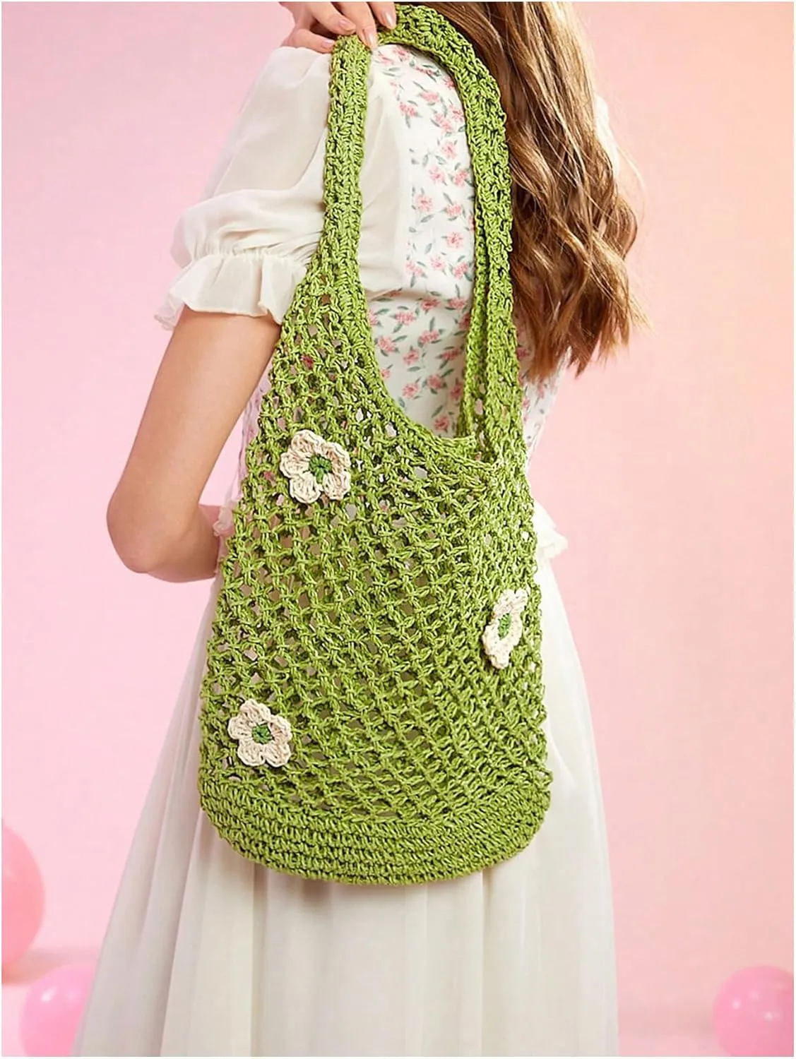 Verdusa Women's Floral Applique Straw Shoulder Bags Hobo Tote Handbag Purse