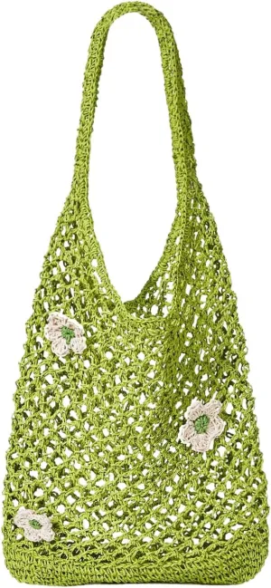 Verdusa Women's Floral Applique Straw Shoulder Bags Hobo Tote Handbag Purse