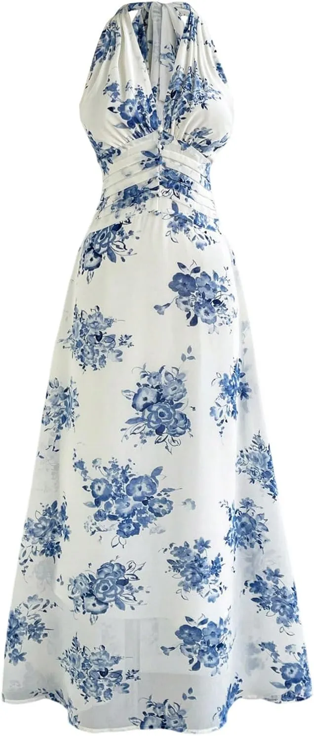 Verdusa Women's Floral Boho Halter Dress Pleated Backless Flared Maxi Dresses