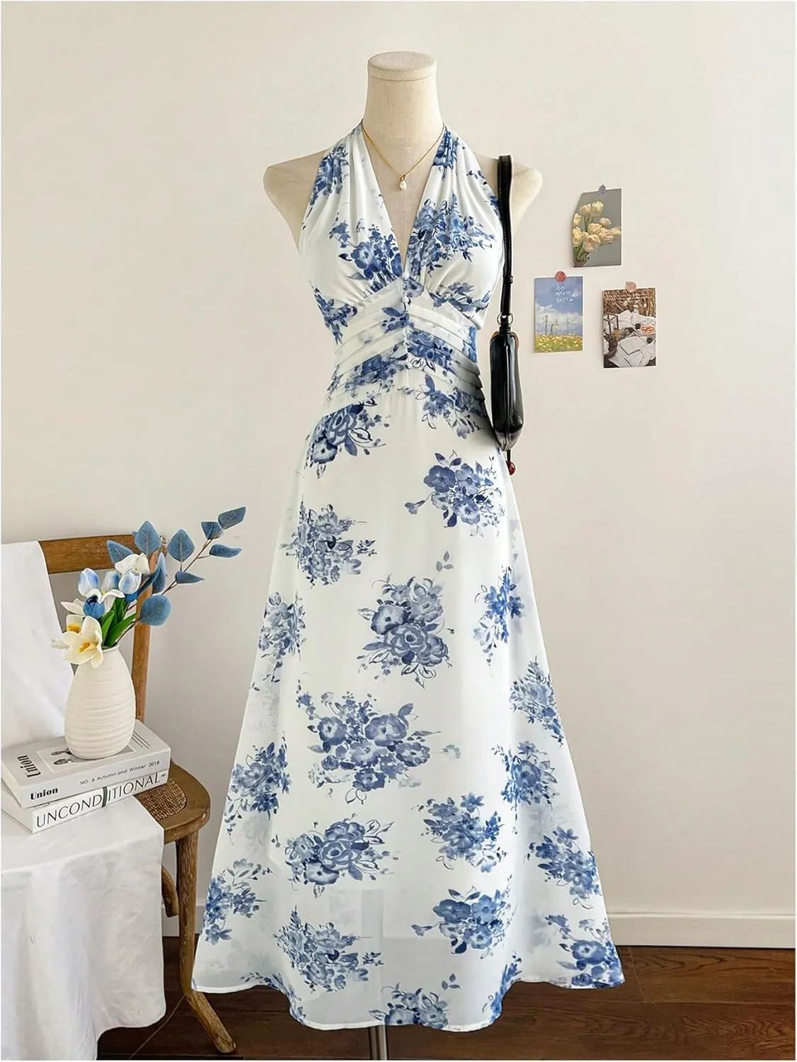 Verdusa Women's Floral Boho Halter Dress Pleated Backless Flared Maxi Dresses