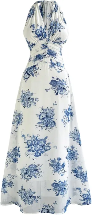 Verdusa Women's Floral Boho Halter Dress Pleated Backless Flared Maxi Dresses