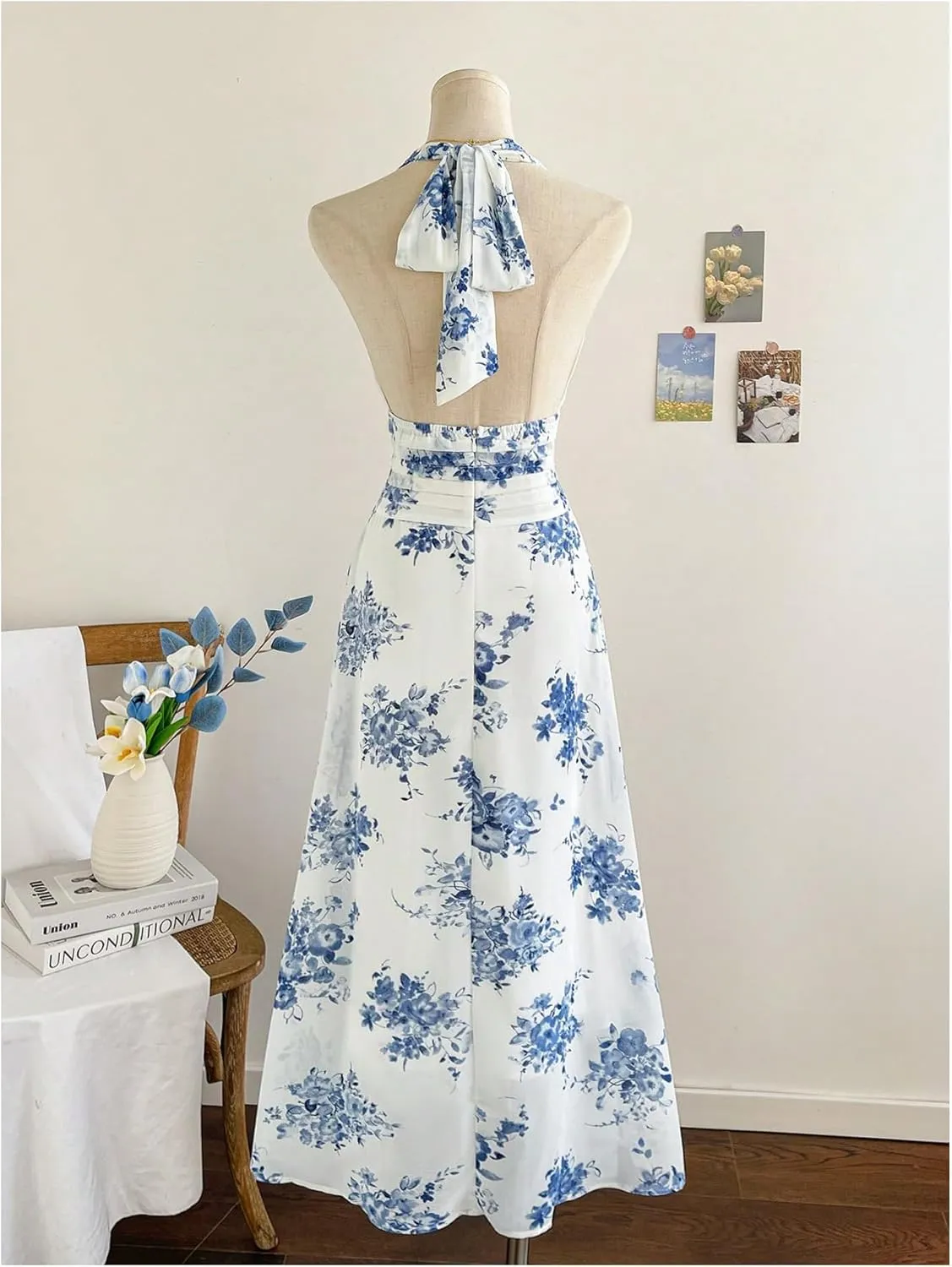 Verdusa Women's Floral Boho Halter Dress Pleated Backless Flared Maxi Dresses