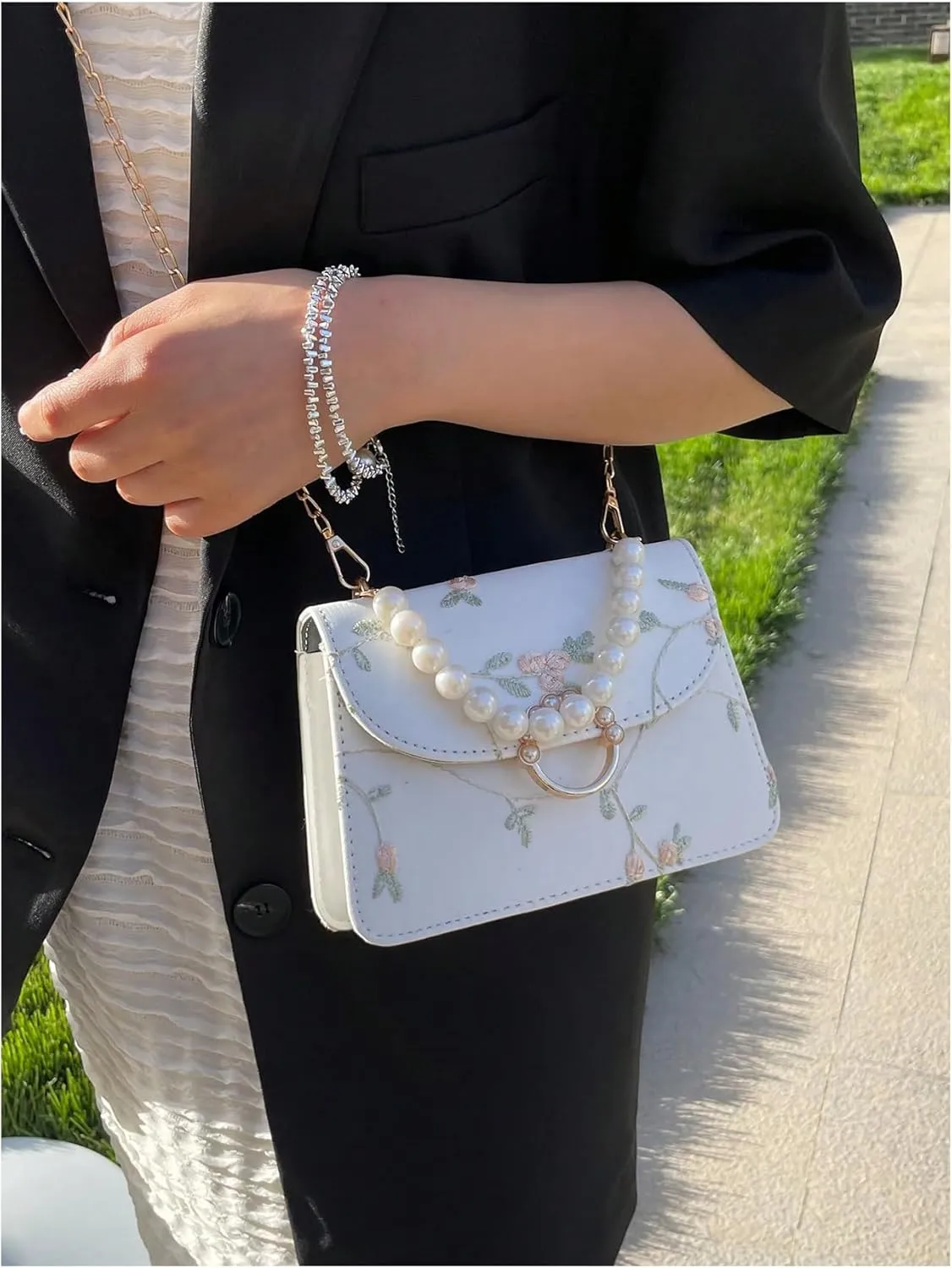 Verdusa Women's Floral Pearl Rhinesone Square Bag Handle Underarm Shoulder Bags