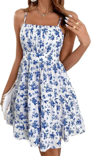 Verdusa Women's Floral Print Ruched Sleeveless Ruffle Hem A Line Swing Cami Dress