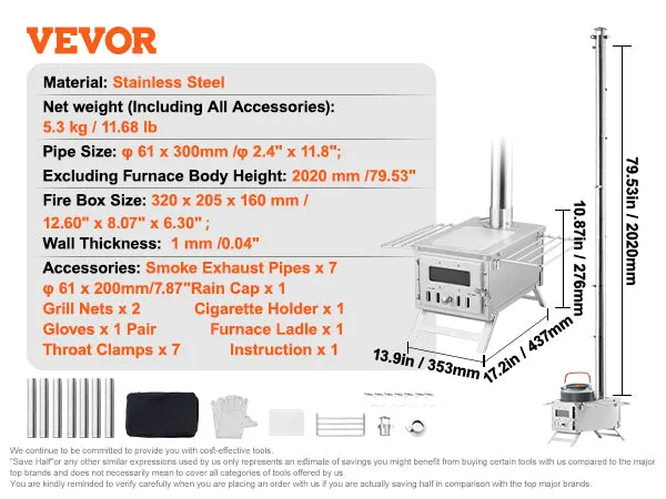 VEVOR Wood Stove, 80 inch, Stainless Steel Camping Tent Stove, Portable Wood Burning Stove with Chimney Pipes & Gloves, 700in³Firebox Hot Tent Stove for Outdoor Cooking and Heating with 8 Pipes