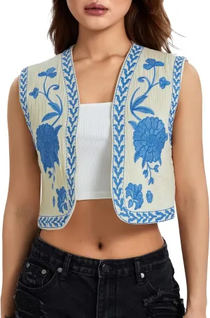 Vintage Women Embroidered Floral Vest Top Y2k Sleeveless Linen Open Front Blouse Waistcoat Boho Going Out Crop Tops