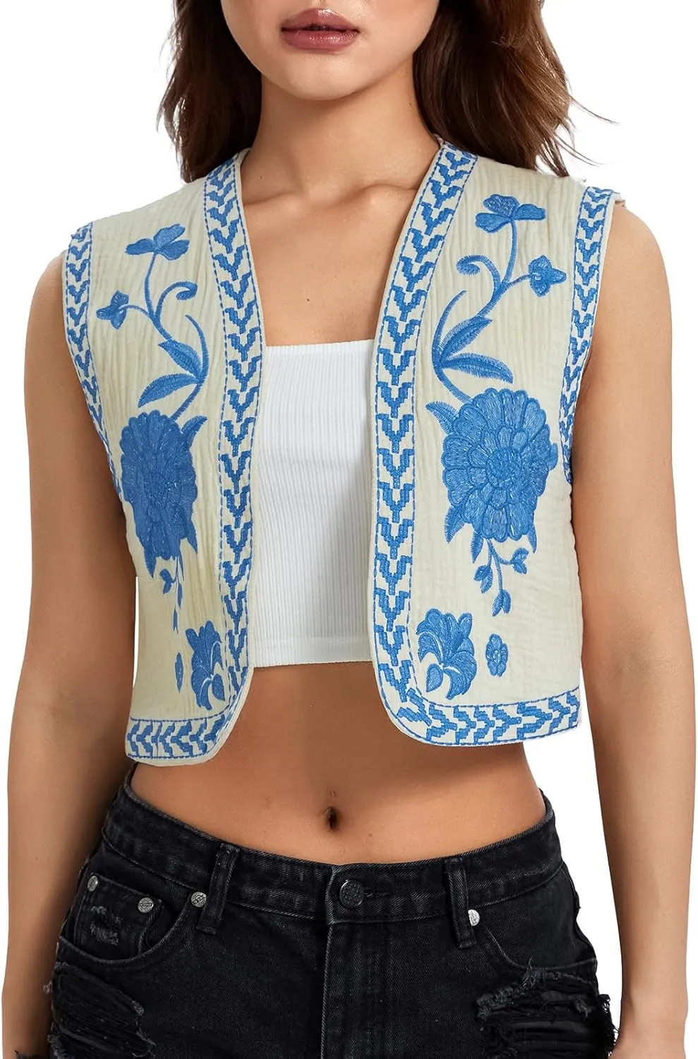 Vintage Women Embroidered Floral Vest Top Y2k Sleeveless Linen Open Front Blouse Waistcoat Boho Going Out Crop Tops