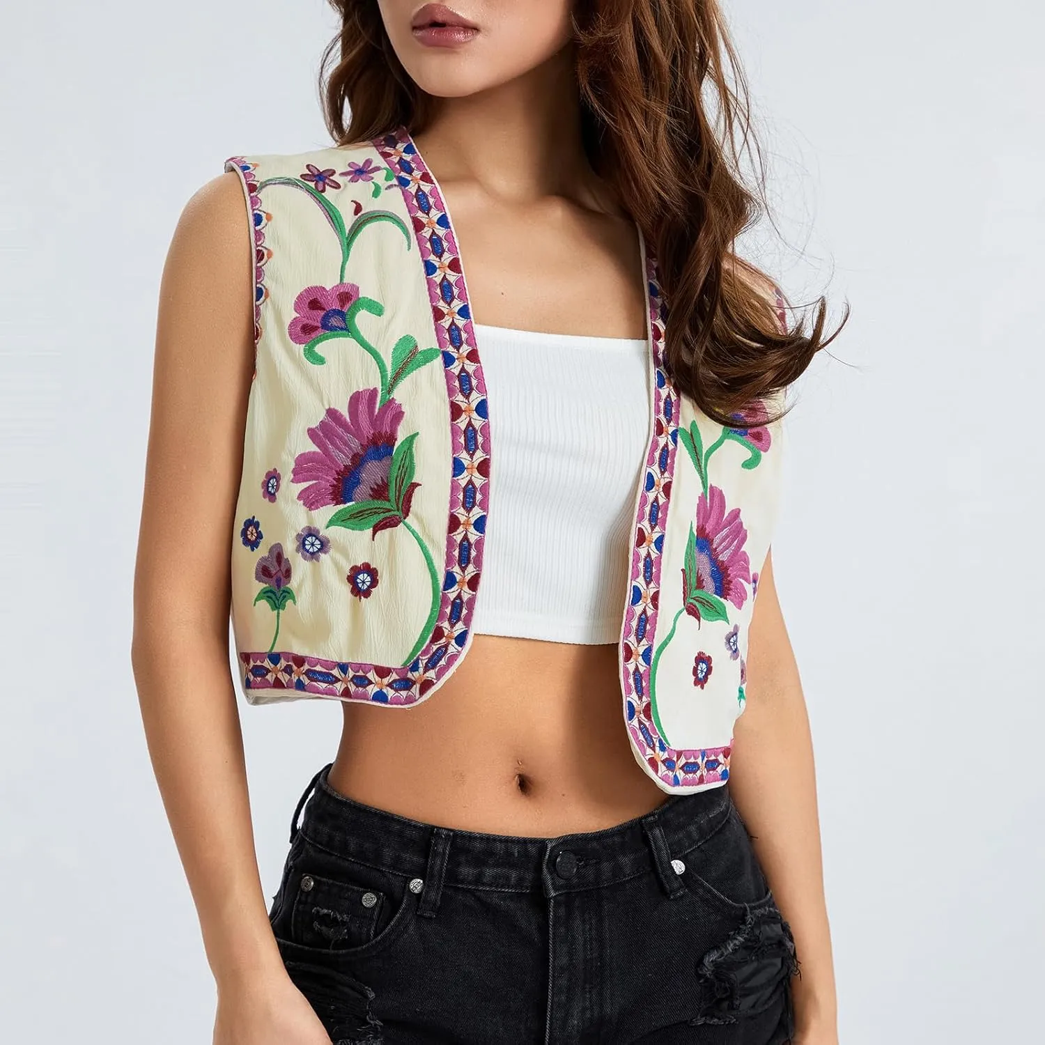 Vintage Women Embroidered Floral Vest Top Y2k Sleeveless Linen Open Front Blouse Waistcoat Boho Going Out Crop Tops