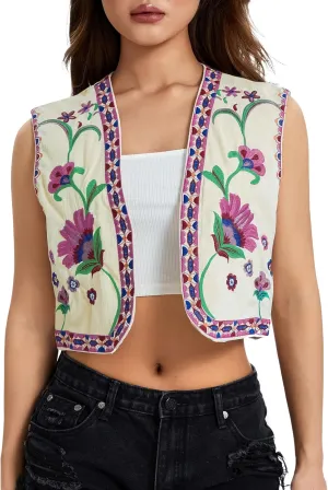 Vintage Women Embroidered Floral Vest Top Y2k Sleeveless Linen Open Front Blouse Waistcoat Boho Going Out Crop Tops