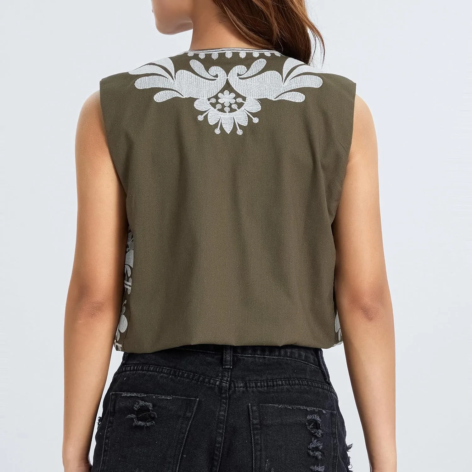 Vintage Women Embroidered Floral Vest Top Y2k Sleeveless Linen Open Front Blouse Waistcoat Boho Going Out Crop Tops