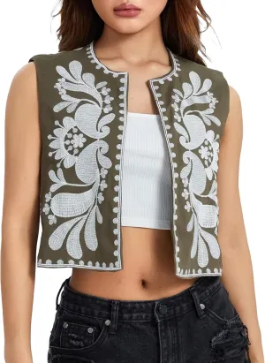 Vintage Women Embroidered Floral Vest Top Y2k Sleeveless Linen Open Front Blouse Waistcoat Boho Going Out Crop Tops
