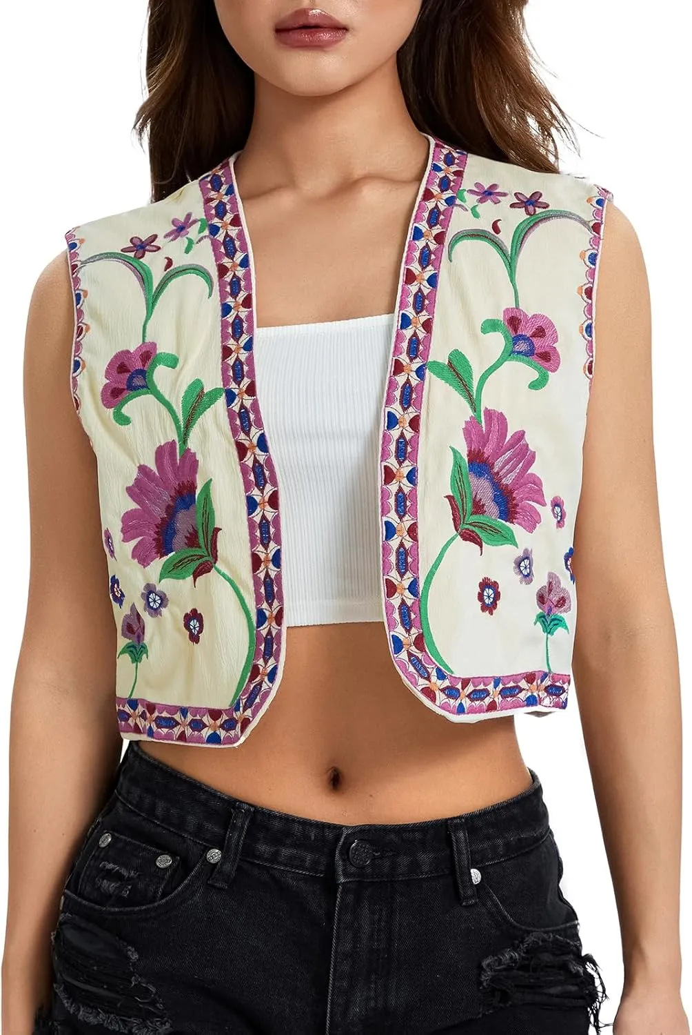 Vintage Women Embroidered Floral Vest Top Y2k Sleeveless Linen Open Front Blouse Waistcoat Boho Going Out Crop Tops