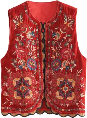 Vintage Women Embroidered Floral Vest Top Y2k Sleeveless Linen Open Front Blouse Waistcoat Boho Going Out Crop Tops