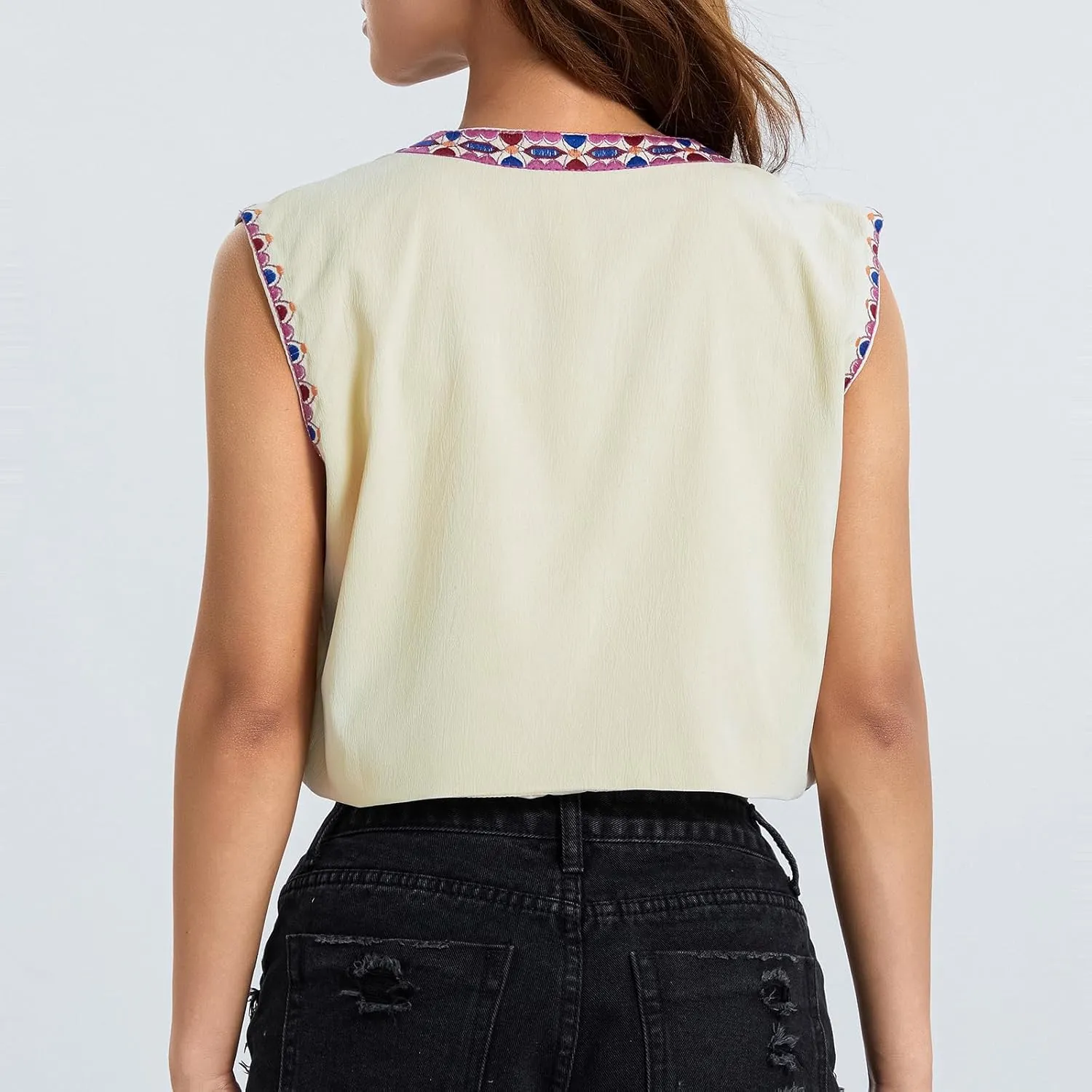 Vintage Women Embroidered Floral Vest Top Y2k Sleeveless Linen Open Front Blouse Waistcoat Boho Going Out Crop Tops