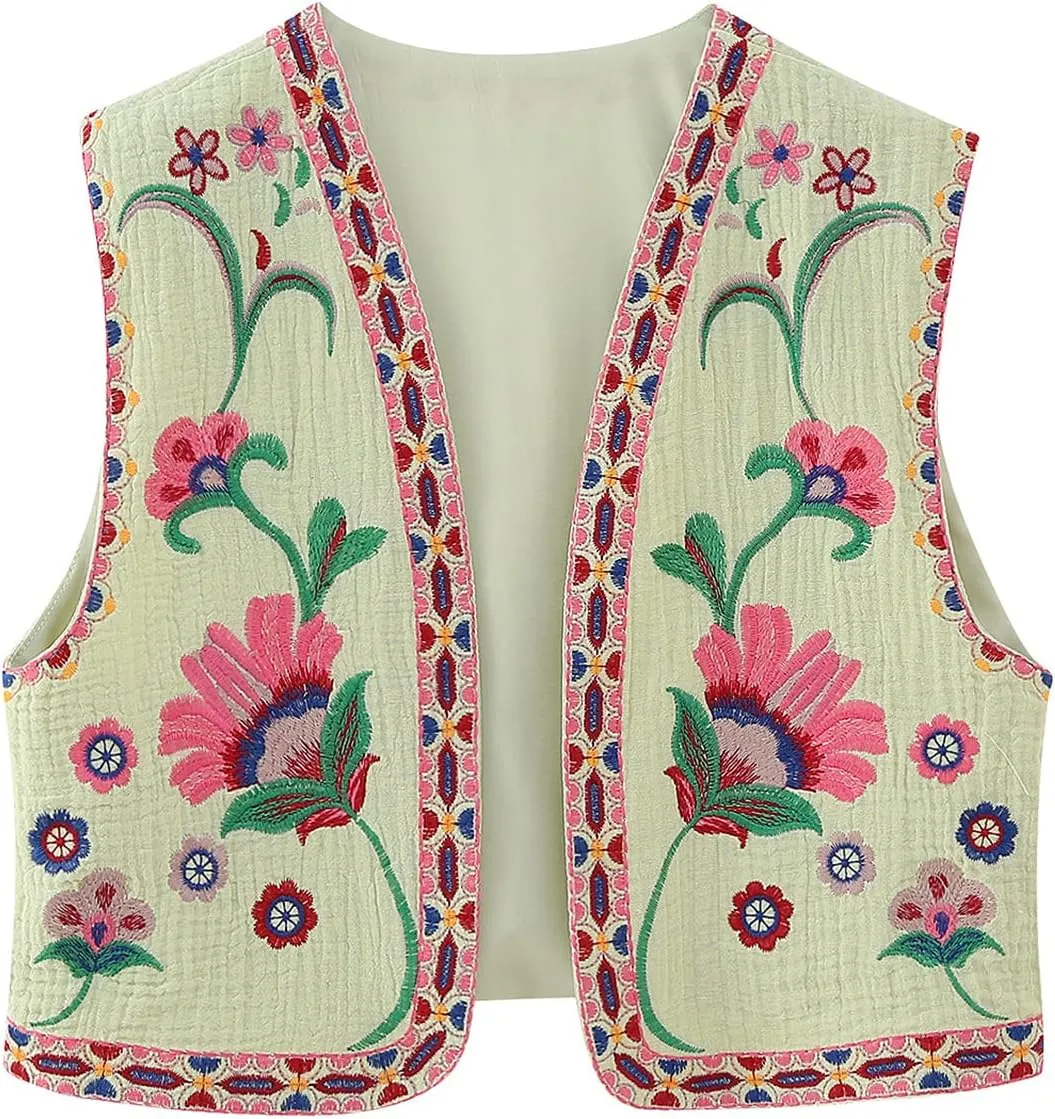 Vintage Women Embroidered Floral Vest Top Y2k Sleeveless Linen Open Front Blouse Waistcoat Boho Going Out Crop Tops