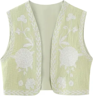 Vintage Women Embroidered Floral Vest Top Y2k Sleeveless Linen Open Front Blouse Waistcoat Boho Going Out Crop Tops