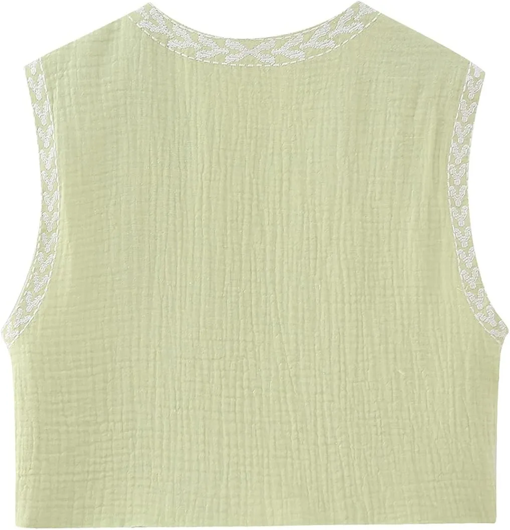 Vintage Women Embroidered Floral Vest Top Y2k Sleeveless Linen Open Front Blouse Waistcoat Boho Going Out Crop Tops
