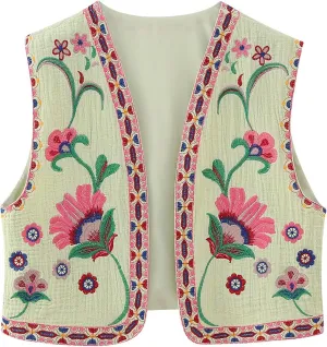 Vintage Women Embroidered Floral Vest Top Y2k Sleeveless Linen Open Front Blouse Waistcoat Boho Going Out Crop Tops