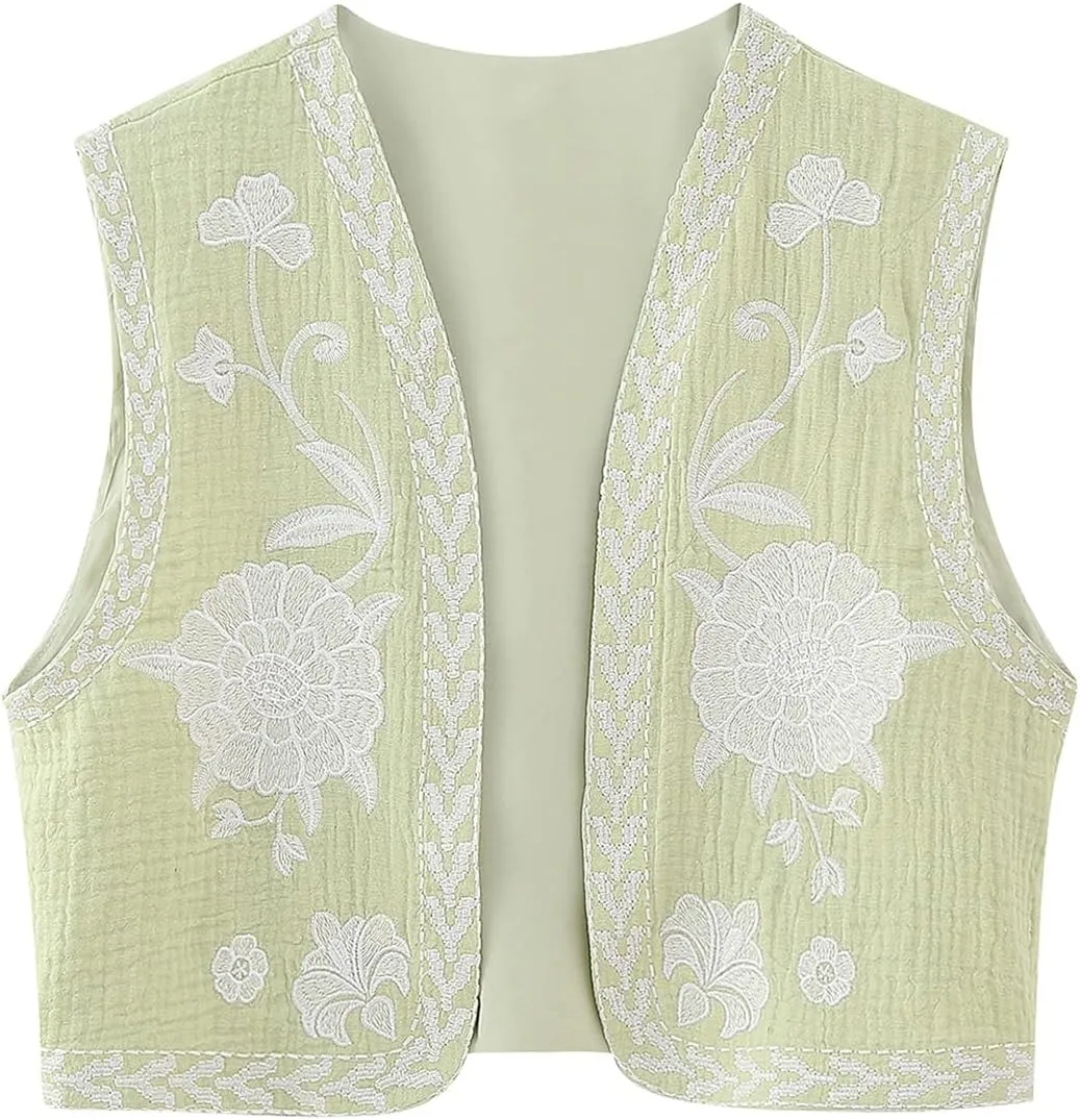 Vintage Women Embroidered Floral Vest Top Y2k Sleeveless Linen Open Front Blouse Waistcoat Boho Going Out Crop Tops