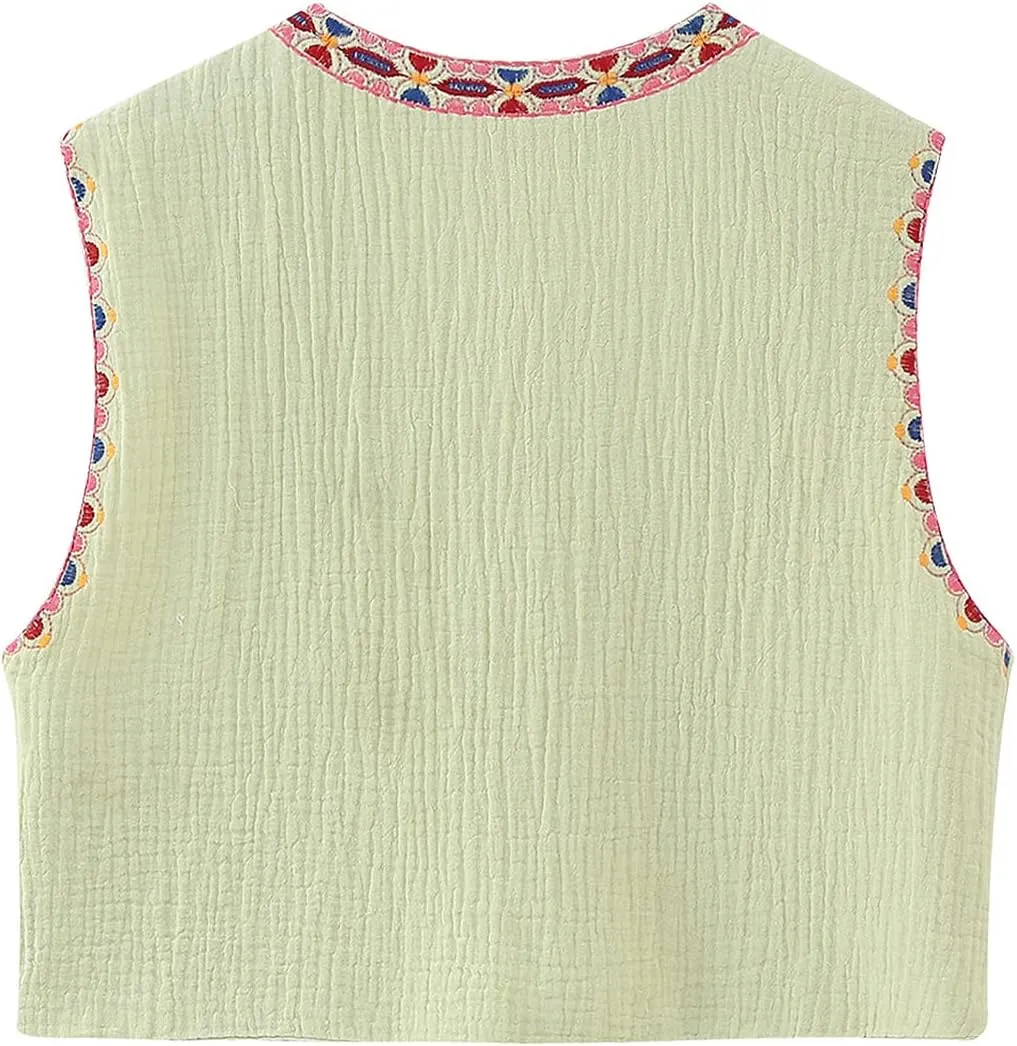 Vintage Women Embroidered Floral Vest Top Y2k Sleeveless Linen Open Front Blouse Waistcoat Boho Going Out Crop Tops