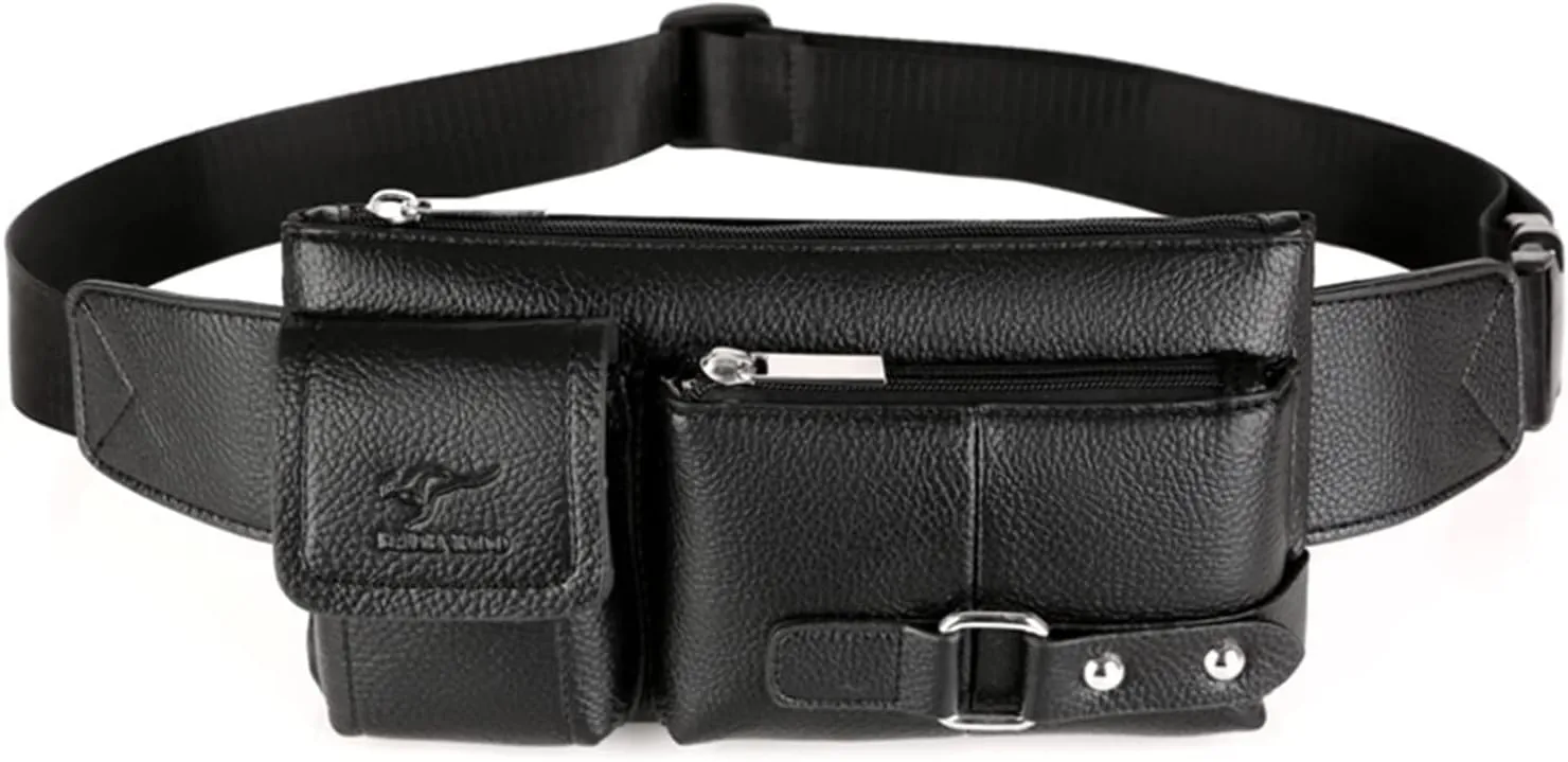 Waist Bag Men Leather Fanny Pack Chest Bag Male Casual Belt Bags Sling Crossbody Bum Bag Waist Packs (Black)