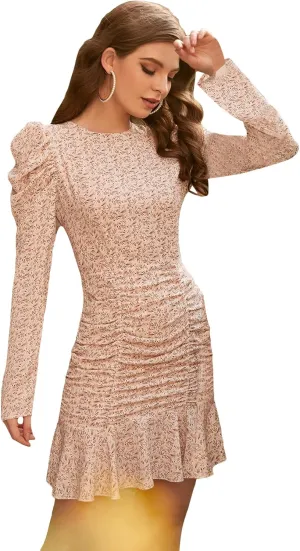 WDIRARA Women's Floral Ruched Ruffle Hem Long Sleeve Round Neck High Waisted Mini Dress