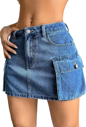 WDIRARA Women's Low Waist Cargo Denim Skirt Flap Pockets Button Bodycon Mini Skirts Y2K