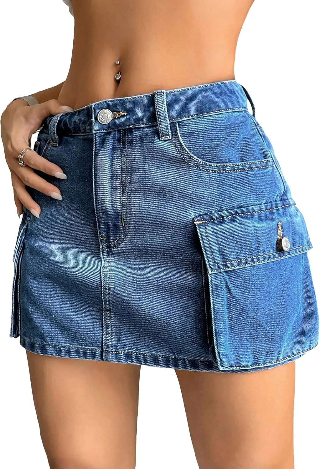 WDIRARA Women's Low Waist Cargo Denim Skirt Flap Pockets Button Bodycon Mini Skirts Y2K